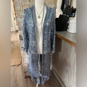 Roaman's Light Blue-Grey Open-Knit Cardigan